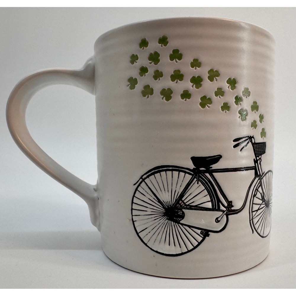 Shamrock Bicycle Coffee Mug Off-White Ceramic Embossed St Patricks Day Bike Cup